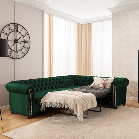 Pikowany narożnik Chesterfield FELIX BLINK w butelkowej zieleni 3+E+2 z funkcją spania