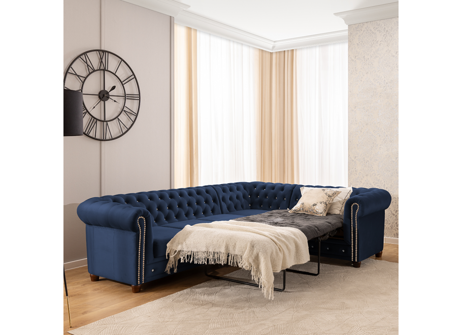 Granatowy narożnik Chesterfield z funkcją spania FELIX BLINK z Kryształkami 3+E+2