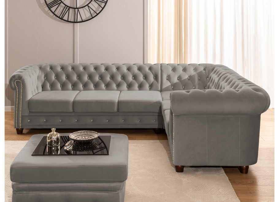 Elegancki narożnik Chesterfield 3+E+2 szary z kryształkami Felix blink - Riviera 91