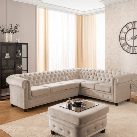 Beżowy narożnik sześcioosobowy Chesterfield FELIX BLINK z kryształkami 3+E+2