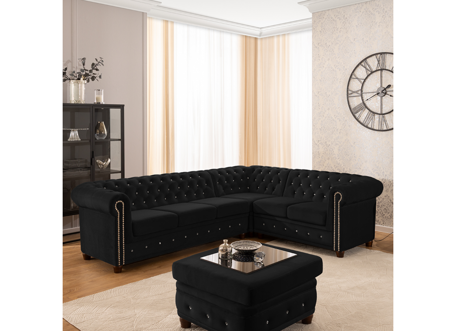 Narożnik Chesterfield FELIX BLINK 3+E+2 czarny welur elegancki do salonu