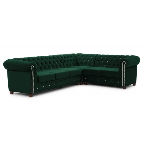 Narożnik pikowany Chesterfield FELIX BLINK 3+E+2 butelkowa zieleń do salonu