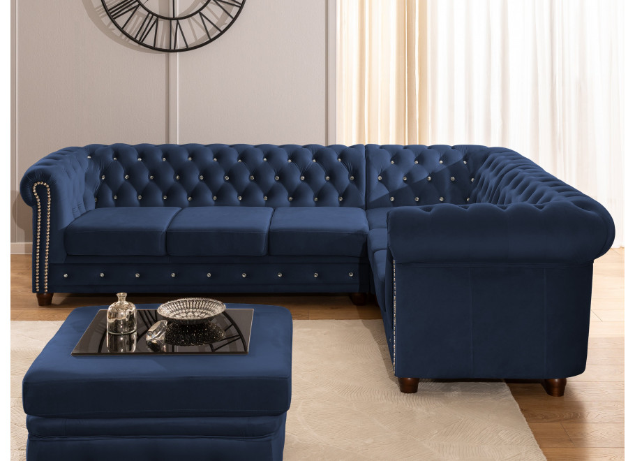 Granatowy narożnik pikowany 3+E+2 Chesterfield FELIX BLINK z kryształkami 5