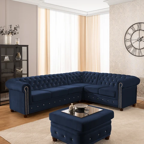 Granatowy narożnik pikowany 3+E+2 Chesterfield FELIX BLINK z kryształkami