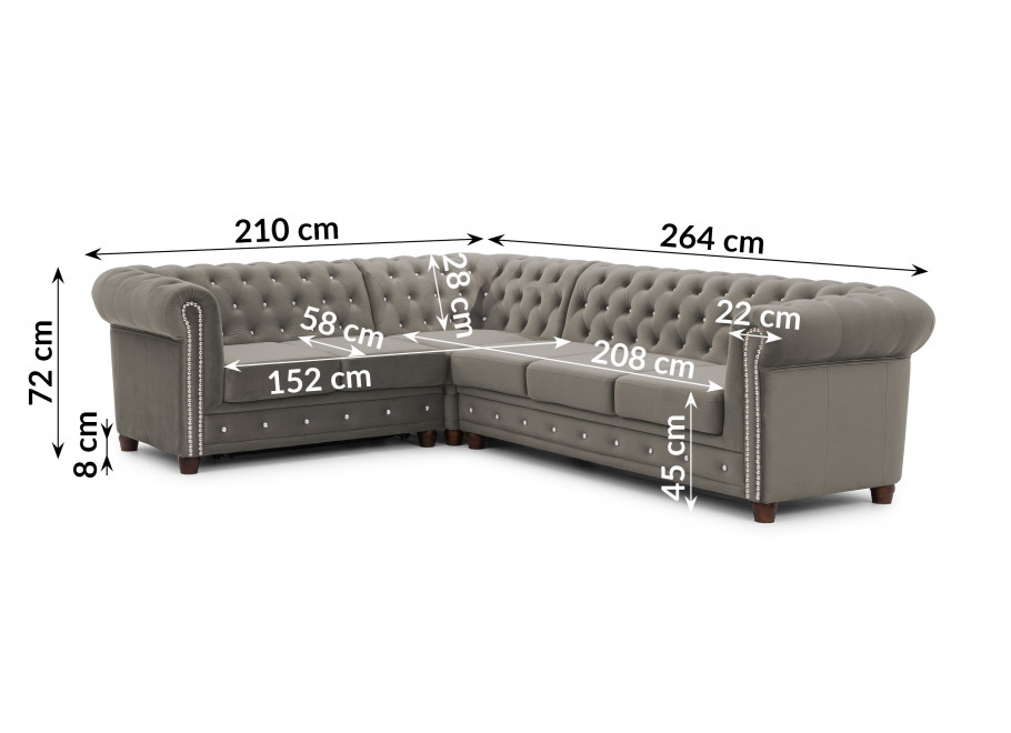 Szary narożnik sześcioosobowy Chesterfield FELIX BLINK 2+E+3 – pikowany z funkcją spania 3