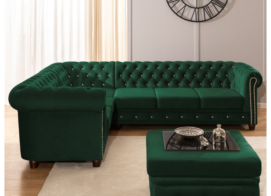 Narożnik Chesterfield FELIX BLINK 2+E+3 w butelkowej zieleni – pikowany z kryształkami i funkcją spania 6