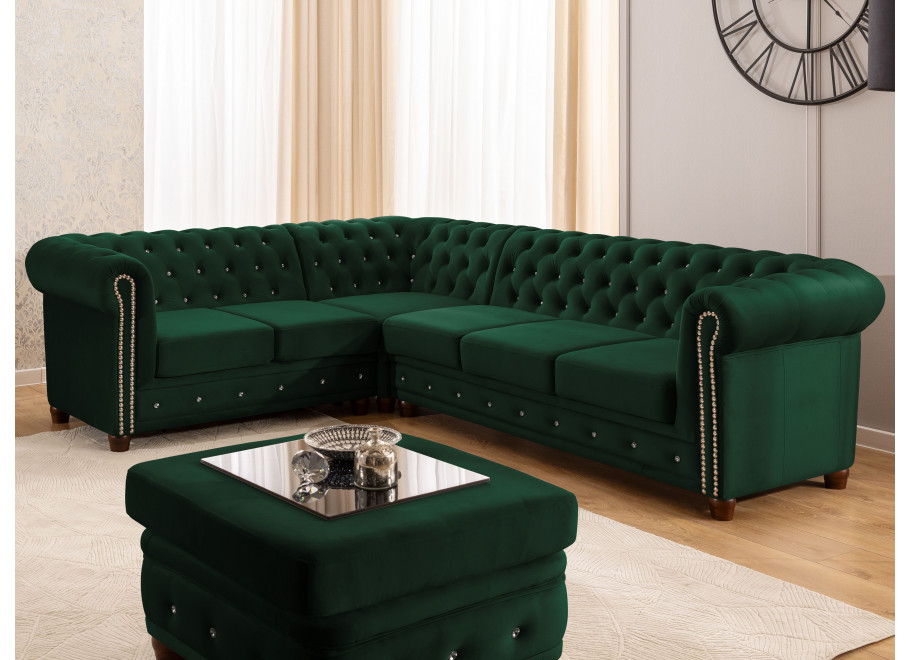 Narożnik Chesterfield FELIX BLINK 2+E+3 w butelkowej zieleni – pikowany z kryształkami i funkcją spania 9