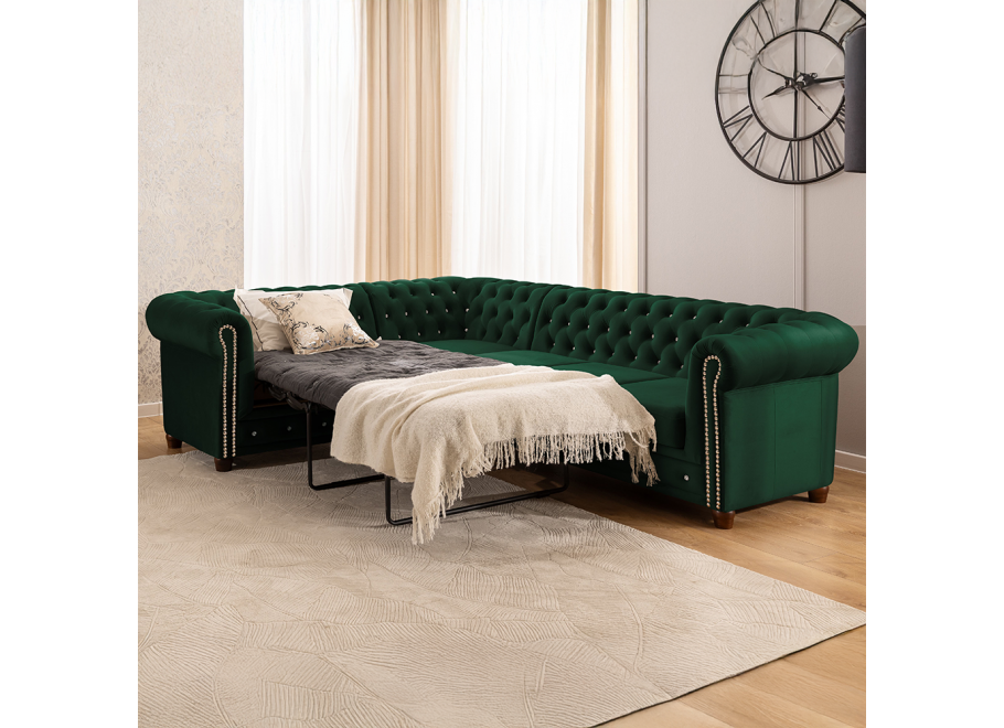 Narożnik Chesterfield FELIX BLINK 2+E+3 w butelkowej zieleni – pikowany z kryształkami i funkcją spania