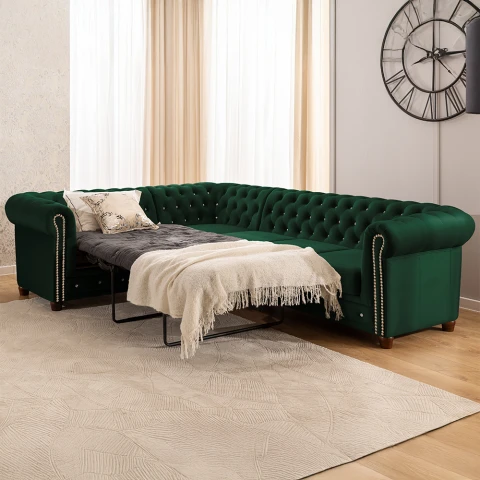 Narożnik Chesterfield FELIX BLINK 2+E+3 w butelkowej zieleni – pikowany z kryształkami i funkcją spania