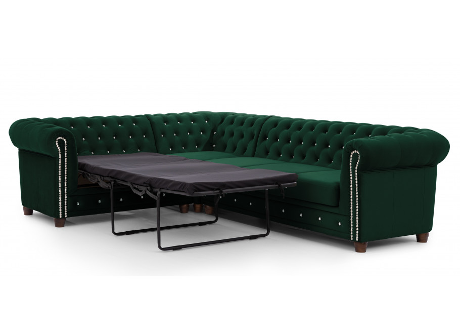 Narożnik Chesterfield FELIX BLINK 2+E+3 w butelkowej zieleni – pikowany z kryształkami i funkcją spania 2
