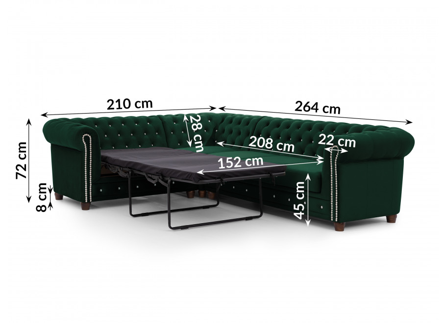 Narożnik Chesterfield FELIX BLINK 2+E+3 w butelkowej zieleni – pikowany z kryształkami i funkcją spania 4