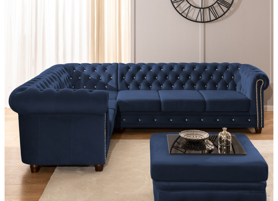 Chesterfield FELIX BLINK 2+E+3 granatowy – narożnik z pikowaniem i kryształkami, rozkładany do spania 3