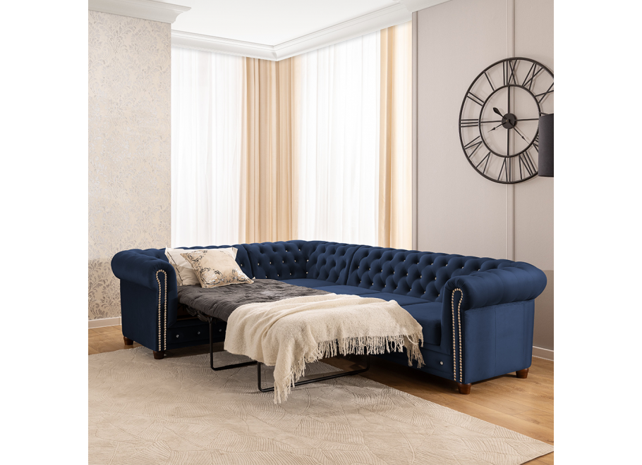 Chesterfield FELIX BLINK 2+E+3 granatowy – narożnik z pikowaniem i kryształkami, rozkładany do spania