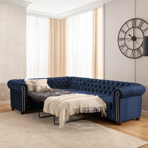 Chesterfield FELIX BLINK 2+E+3 granatowy – narożnik z pikowaniem i kryształkami, rozkładany do spania