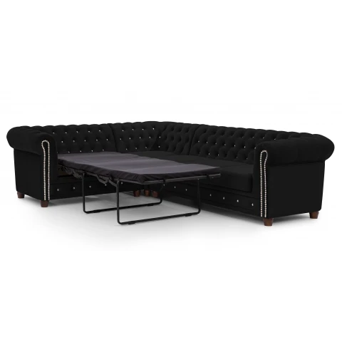 Rozkładany narożnik Chesterfield FELIX BLINK czarny 2+E+3 - pikowany model z kryształkami