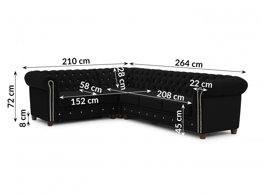 Rozkładany narożnik Chesterfield FELIX BLINK czarny 2+E+3 - pikowany model z kryształkami 8