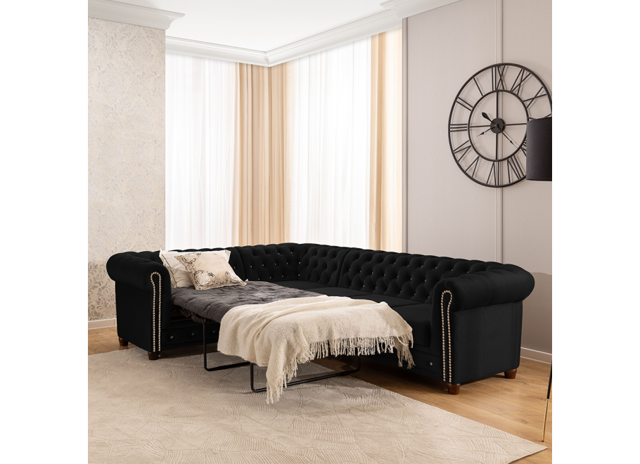 Rozkładany narożnik Chesterfield FELIX BLINK czarny 2+E+3 - pikowany model z kryształkami