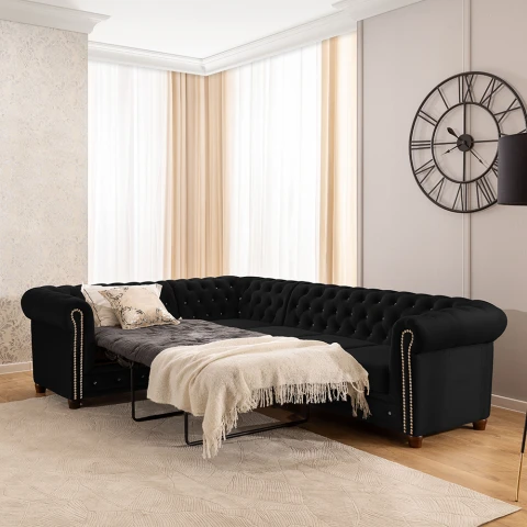 Rozkładany narożnik Chesterfield FELIX BLINK czarny 2+E+3 - pikowany model z kryształkami