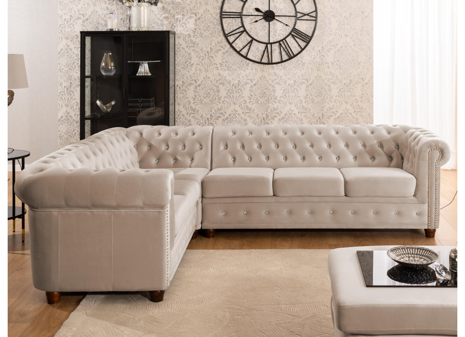 Chesterfield FELIX BLINK narożnik beżowy 2+E+3 – elegancki, pikowany, z kryształkami - Riviera 21