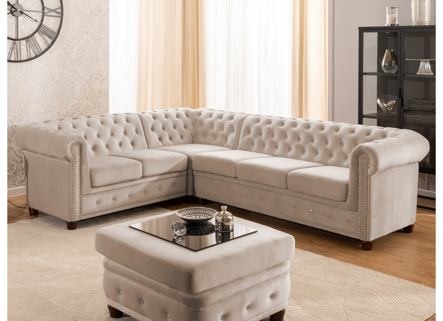 Chesterfield FELIX BLINK narożnik beżowy 2+E+3 – elegancki, pikowany, z kryształkami - Riviera 21