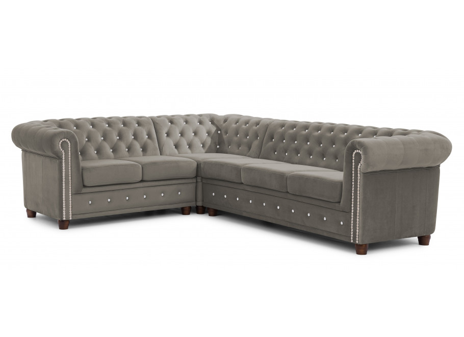 Pikowany narożnik FELIX BLINK Chesterfield 2+E+3 szary – z ozdobnymi kryształkami 2