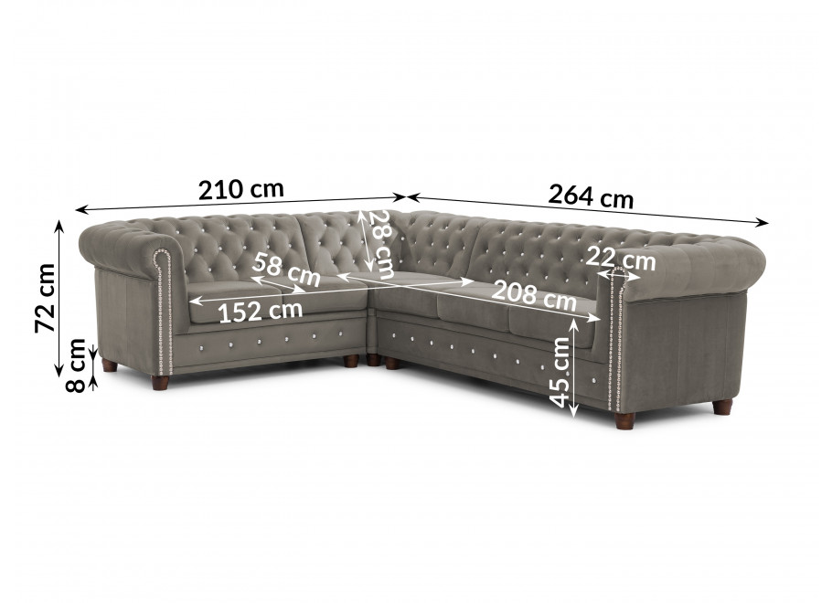 Pikowany narożnik FELIX BLINK Chesterfield 2+E+3 szary – z ozdobnymi kryształkami 4