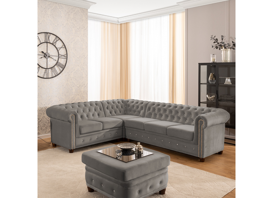 Pikowany narożnik FELIX BLINK Chesterfield 2+E+3 szary – z ozdobnymi kryształkami