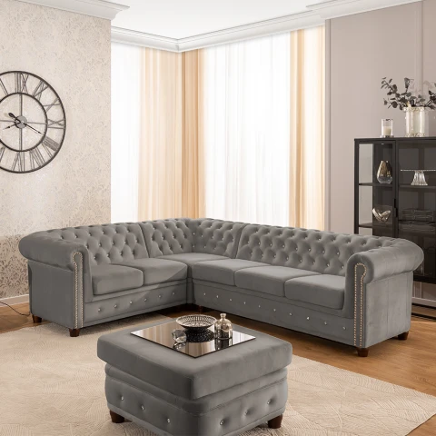 Pikowany narożnik FELIX BLINK Chesterfield 2+E+3 szary – z ozdobnymi kryształkami