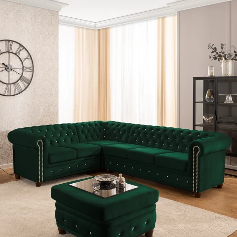 Narożnik FELIX BLINK Chesterfield 2+E+3 w kolorze butelkowej zieleni – pikowany model z kryształkami