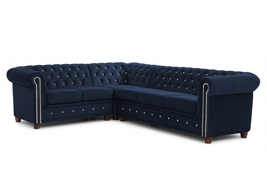 Granatowy narożnik Chesterfield FELIX BLINK 2+E+3 – pikowany sześcioosobowy model z kryształkami 2