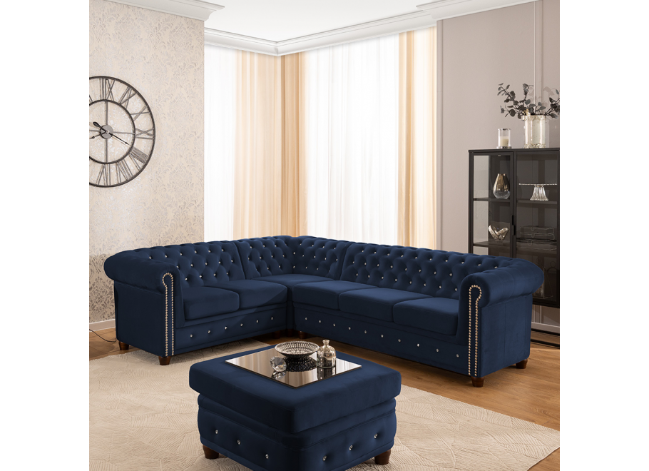 Granatowy narożnik Chesterfield FELIX BLINK 2+E+3 – pikowany sześcioosobowy model z kryształkami