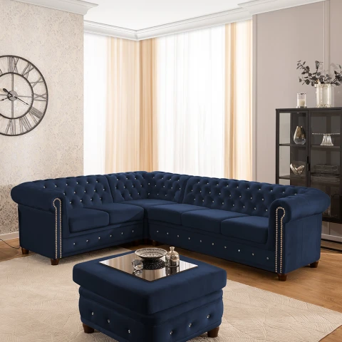 Granatowy narożnik Chesterfield FELIX BLINK 2+E+3 – pikowany sześcioosobowy model z kryształkami