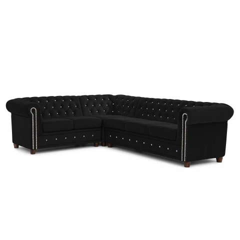 Czarny narożnik Chesterfield FELIX BLINK 2+E+3 – pikowany, elegancki z kryształkami