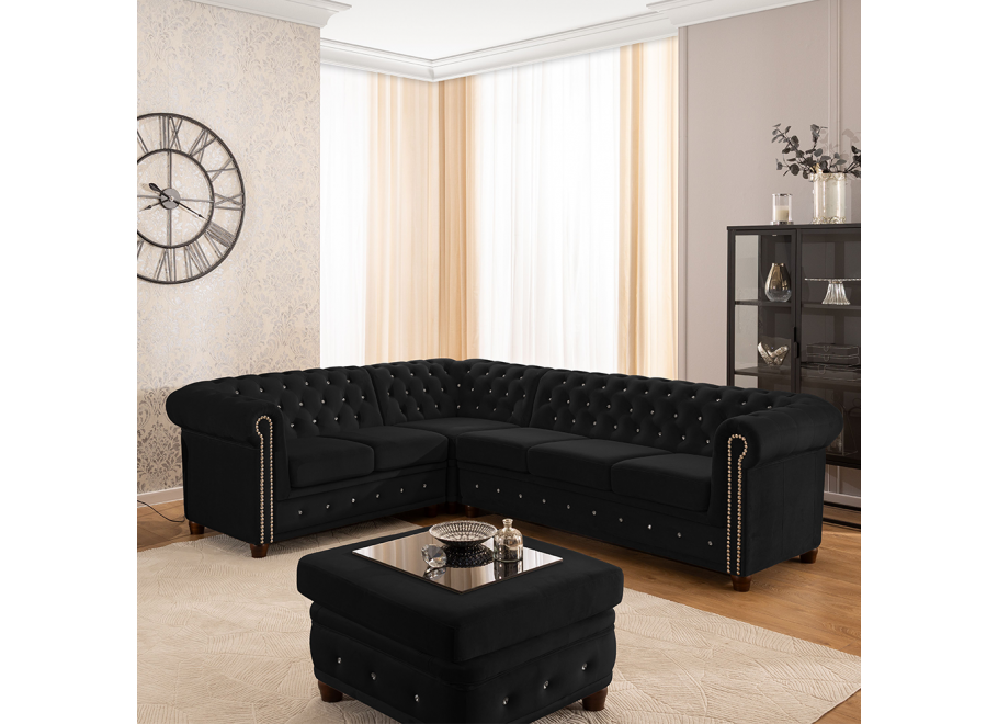 Czarny narożnik Chesterfield FELIX BLINK 2+E+3 – pikowany, elegancki z kryształkami
