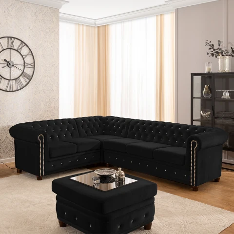 Czarny narożnik Chesterfield FELIX BLINK 2+E+3 – pikowany, elegancki z kryształkami