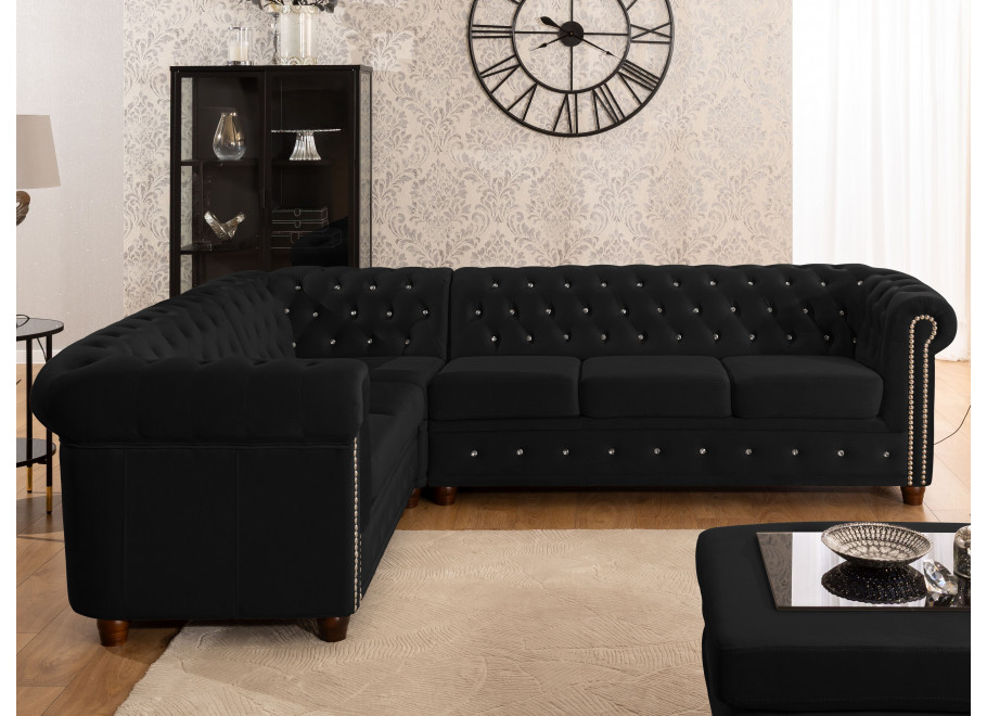 Czarny narożnik Chesterfield FELIX BLINK 2+E+3 – pikowany, elegancki z kryształkami 4