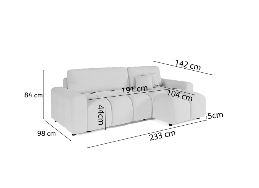 Czarny rozkładany narożnik VEGA z funkcją spania i pojemnikiem na pościel - wymiar