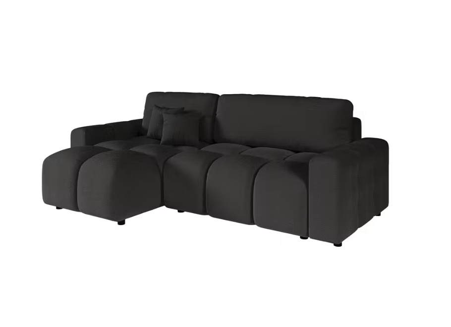 Czarny rozkładany narożnik VEGA z funkcją spania i pojemnikiem na pościel