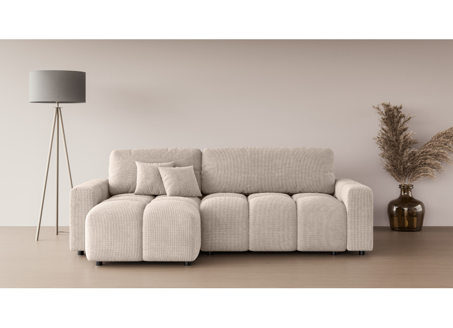 Beżowy rozkładany narożnik VEGA z funkcją spania i pojemnikiem na pościel 2