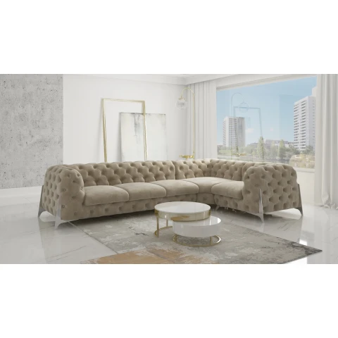 Beżowy duży narożnik pikowany chesterfield KALIFORNIA 3+E+1