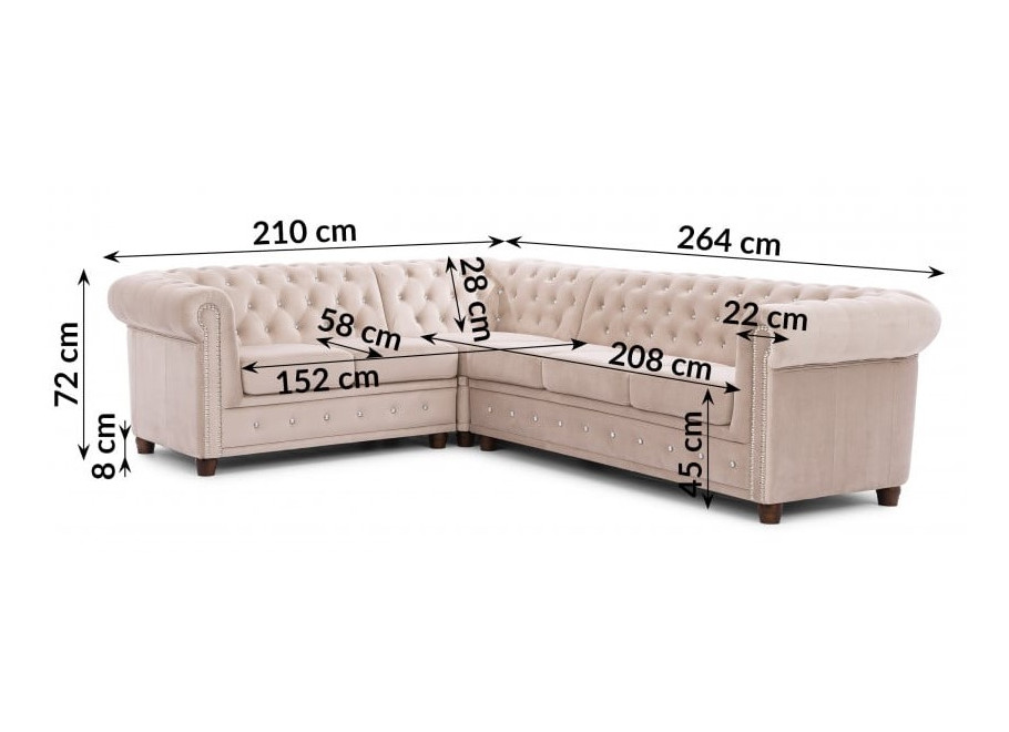 Narożnik sześcioosobowy pikowany Chesterfield FELIX BLINK 2+E+3 z kryształkami 5