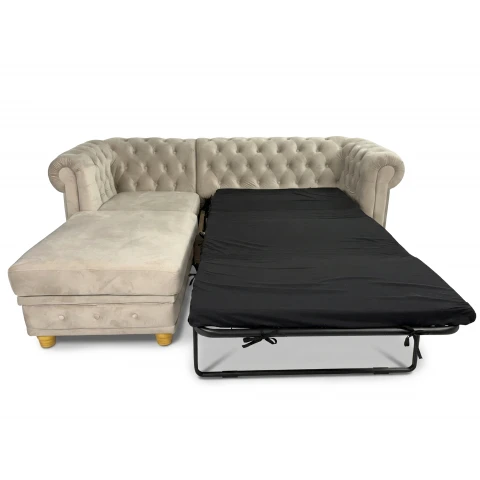 Rozkładany beżowy narożnik pikowany Chesterfield z funkcją spania FELIX OT+2