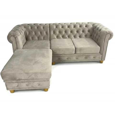 Rozkładany beżowy narożnik pikowany Chesterfield z funkcją spania FELIX OT+2