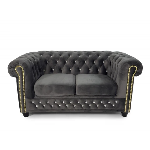 Sofa pikowana Chesterfield grafitowa z kryształkami FELIX BLINK 2
