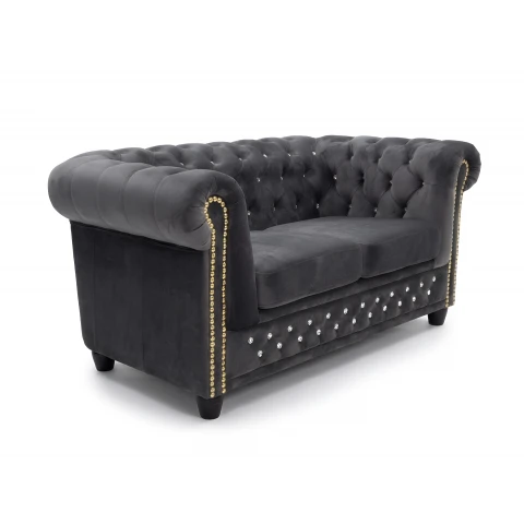 Sofa pikowana Chesterfield grafitowa z kryształkami FELIX BLINK 2