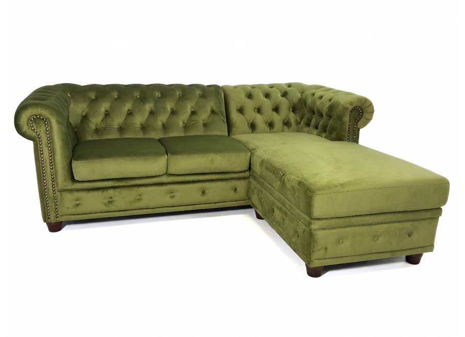 Narożnik pikowany Chesterfield zielony welurowy FELIX 2+OT Tk. French Velvet 657