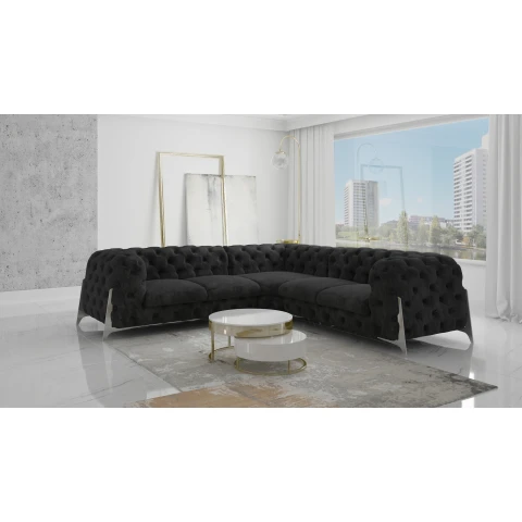 Czarny duży narożnik na wysokich nóżkach pikowany Chesterfield KALIFORNIA 2+E+2