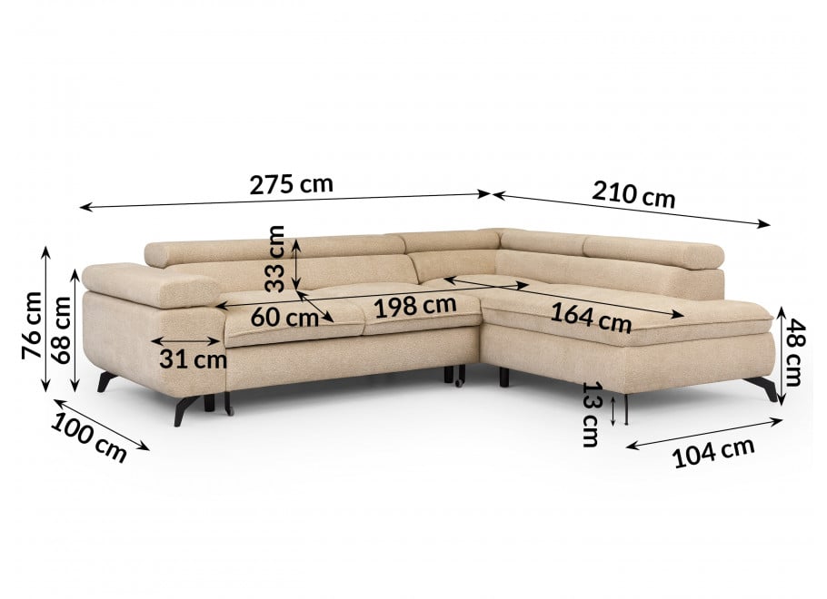 Rozkładany narożnik Melvano Szary beż z funkcją spania, regulowane zagłówki 5