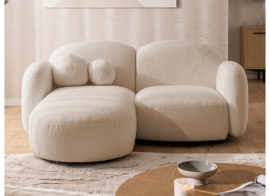 Przytulny beżowy Narożnik Bloop – Obły Kształt, Tkanina Boucle Baranek - Quelle 03