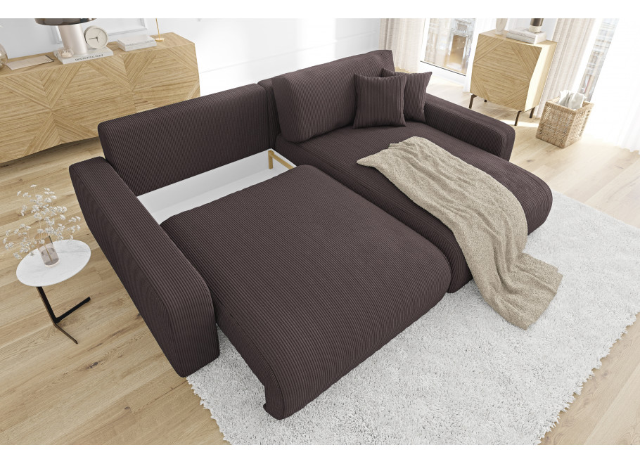 Rozkładany narożnik Sergio L– brązowy z funkcją spania, tkanina sztruksowa - Lincoln 29